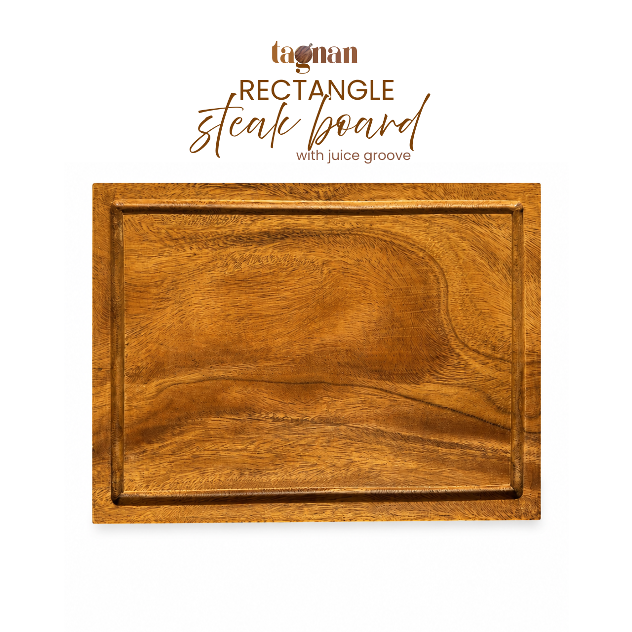 A rectangular wooden steak board with a raised border and a juice groove, shown on a white background with the brand name 'tagnan' and product title text above it.