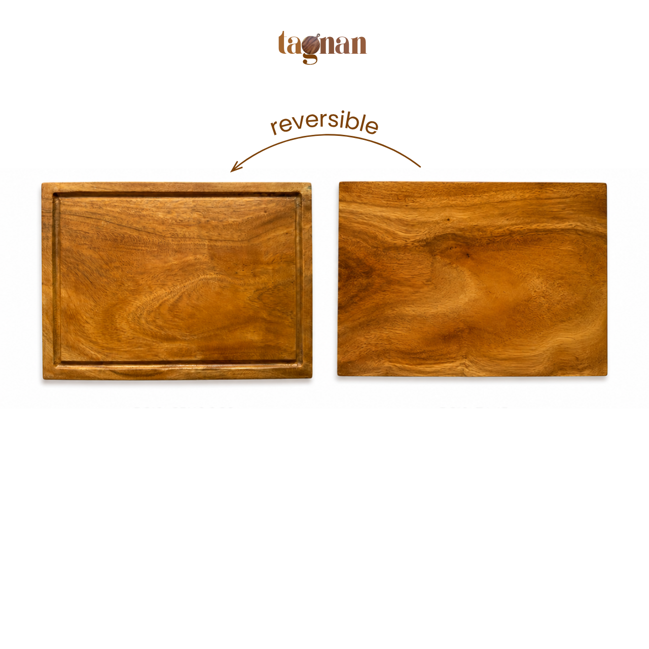 Two views of a rectangular wooden cutting board with a warm honey-brown wood grain, shown on a white background with 'tagnan' branding and a 'reversible' arrow above.