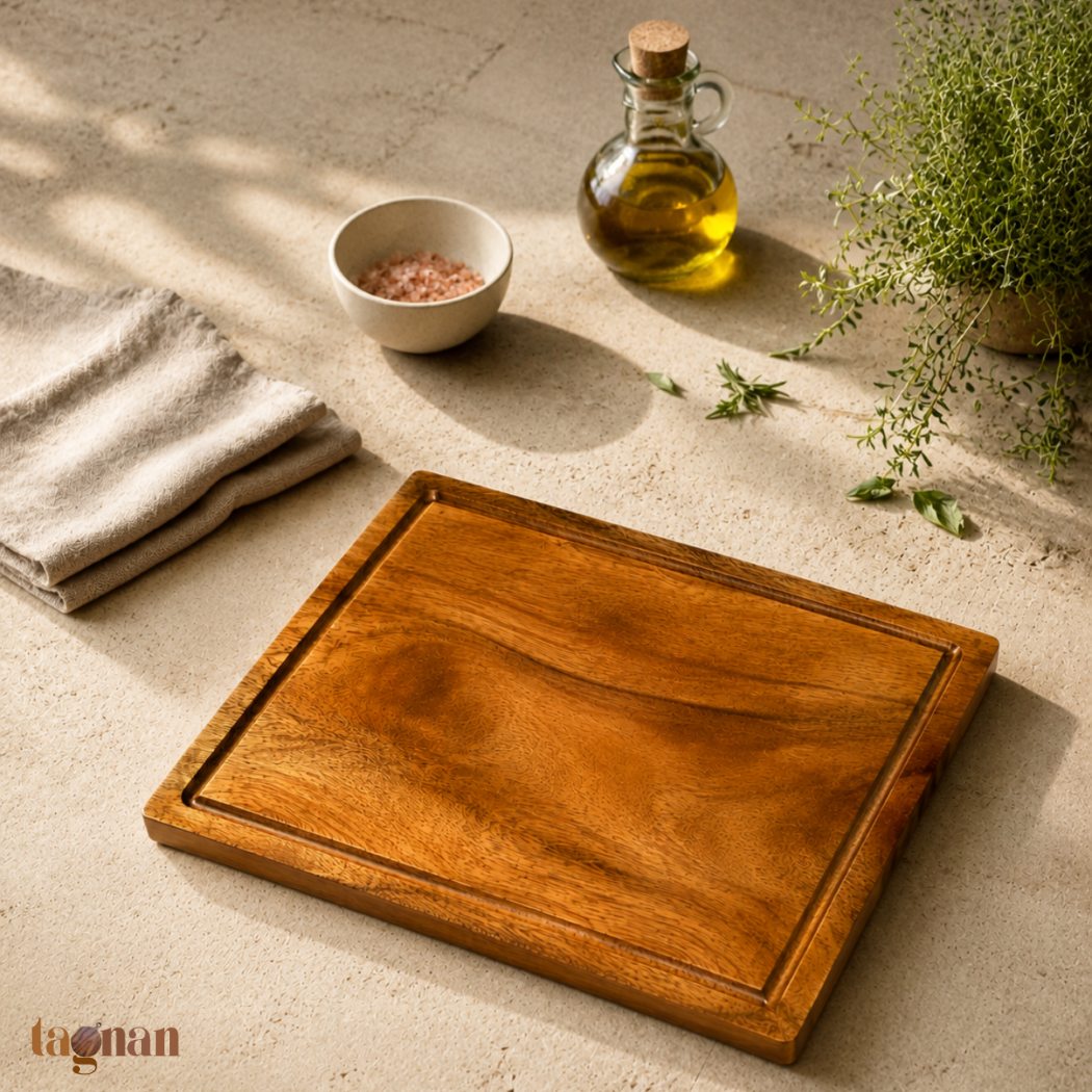 A rectangular wooden cutting board with a raised border, shown on a light stone surface with a folded beige cloth, a small bowl of pink salt, a glass bottle of olive oil, and green herbs. The brand name 'tagnan' appears in the bottom-left corner.