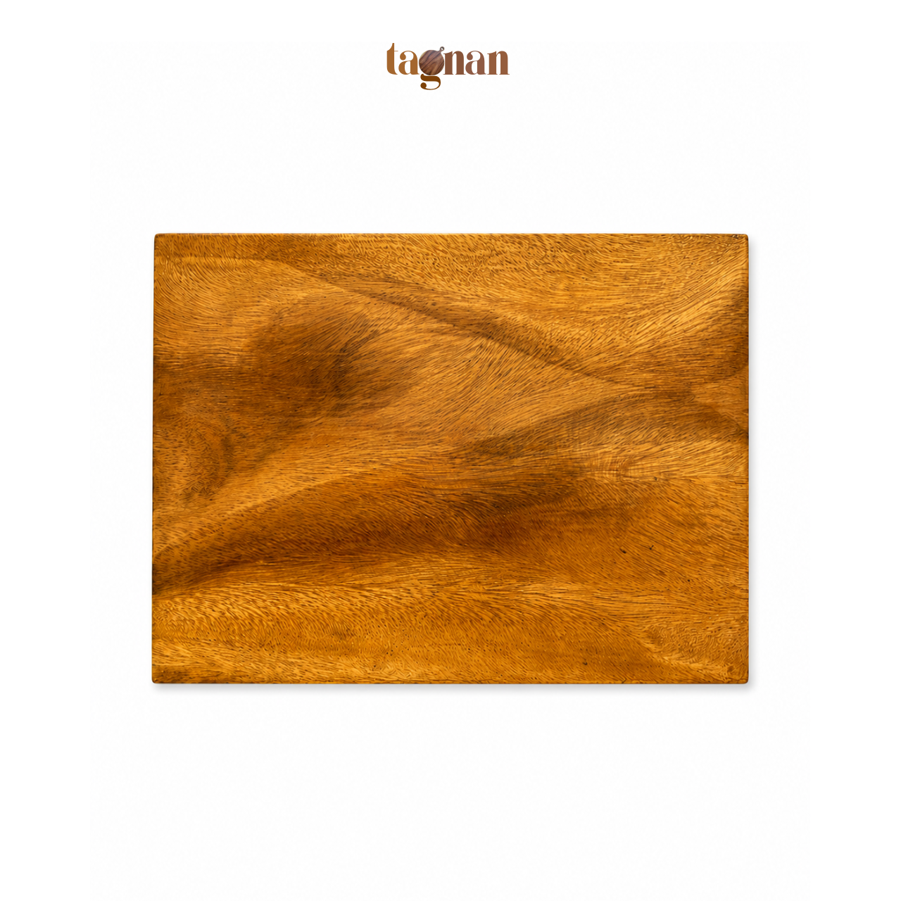 A rectangular wooden board with a rich, warm golden-brown wood grain pattern, centered on a plain white background with the brand name 'tagnan' printed above.