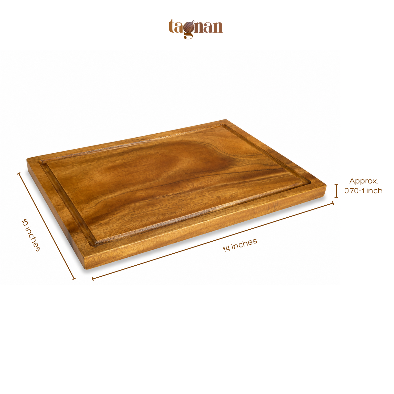 A rectangular wooden cutting board with a raised border and visible wood grain, shown on a white background with dimension labels indicating 12 inches by 14 inches and the brand name tagnan at the top.